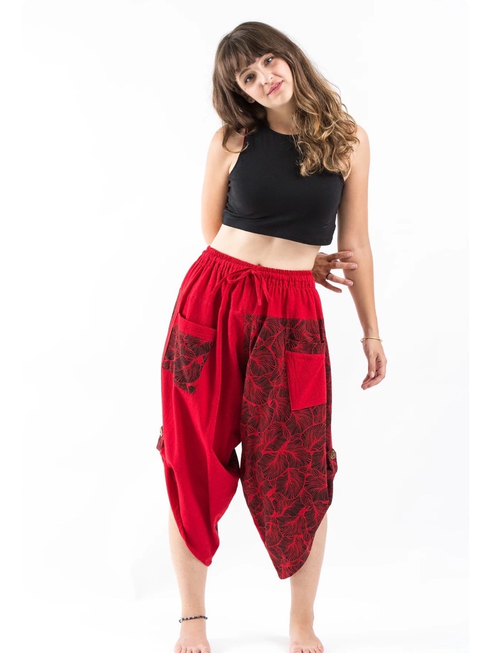 UGC HAREM Two Tone Leaves Prints Three Quarter RED BLACK PULL ON Pants ONE SIZE